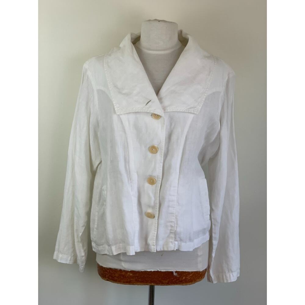 Flax Jeanne Engelhart Linen M White Button Jacket Lagenlook Oversized Pockets